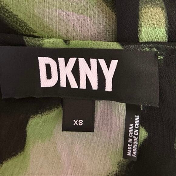 DKNY Women's Black Green Mesh Printed 3/4 Sleeve Tie Hem Blouse Top Size XS - Picture 3 of 4